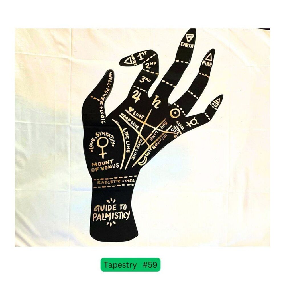Palmistry Guide Tapestry Black Gold Hand Metaphysical Spiritual Wall‎ Decor